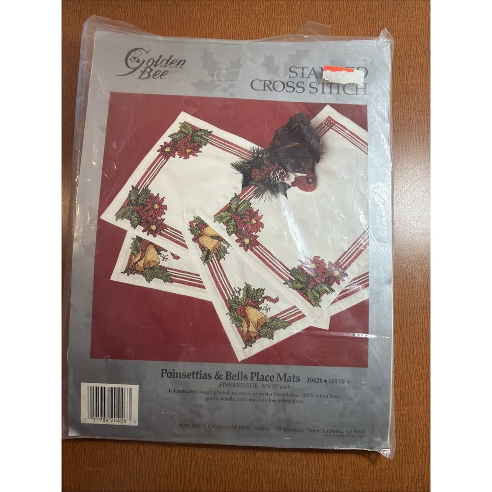 Golden Bee Stamped Cross Stitch Kit Poinsettias & Bells Place Mats #20426 NEW